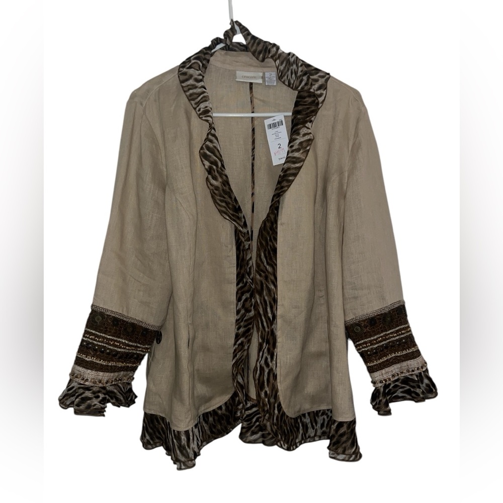 Chico's Tunic Jacket sz 2 (12) Beige Linen Animal Print Beads / Metal